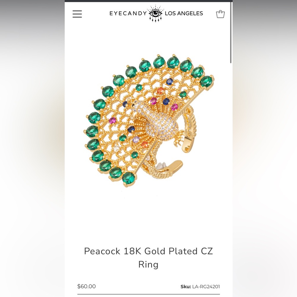 Eye candy gold plated peacock ring